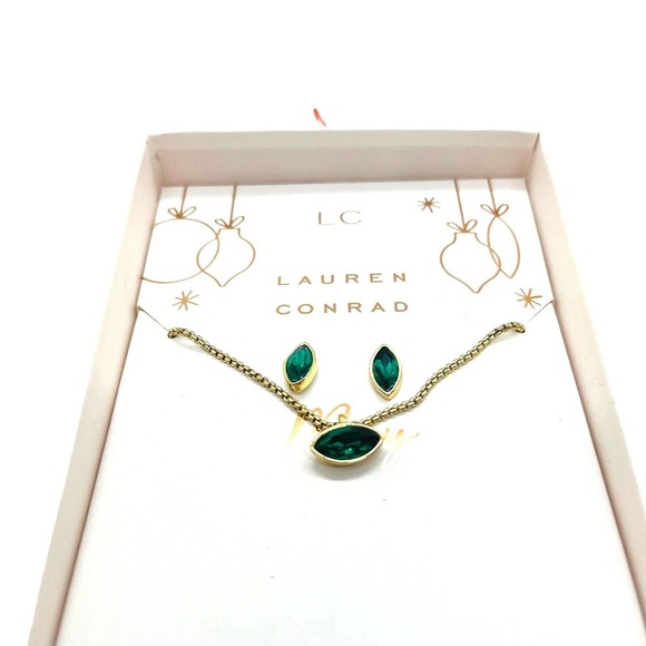 Lauren Conrad Womens Green Crystals Gold Tone May Birthstone Necklace Earrings - Picture 4 of 10